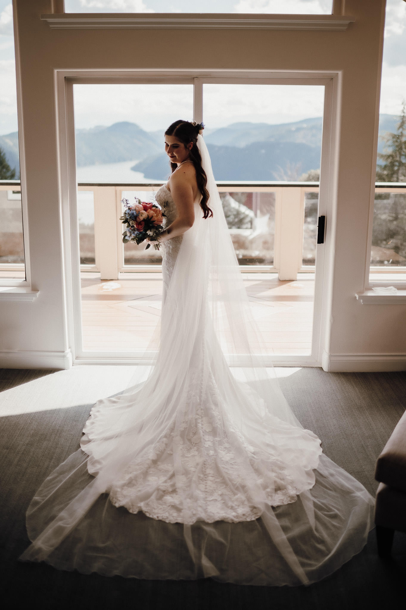 Wedding Photographer Victoria Villa Eyrie Weddings Details Bride Poses in Window